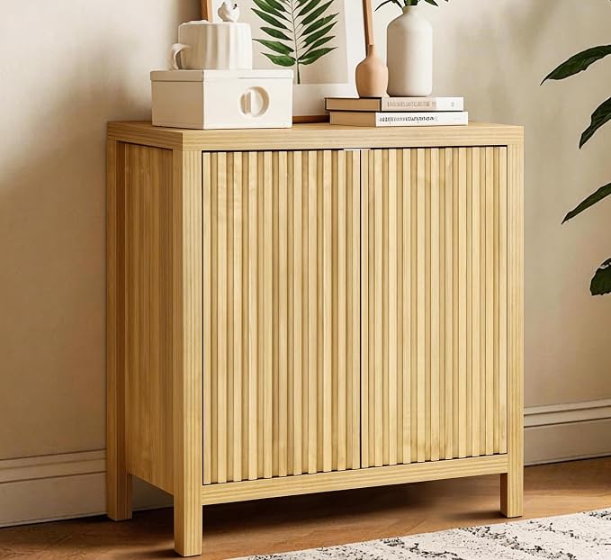 ZYBT Fluted Sideboard Buffet Cabinet, Mid Century Modern Accent Cabinet with 2 Doors and Adjustable Shelf, Storage Cupboard Credenza Console Table for Living Kitchen Dining Room Hallway (Oak)