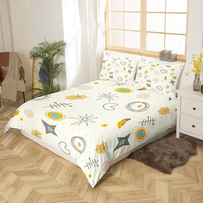 Kids Cartoon Atomic Comforter Cover Modern Mid Century Bed Set, Retro Fifties Duvet Cover Queen Size Hippie Abstract Bedding Sets, Geometric Polka Dots Bedspread Cover Teal Orange Room Decorative