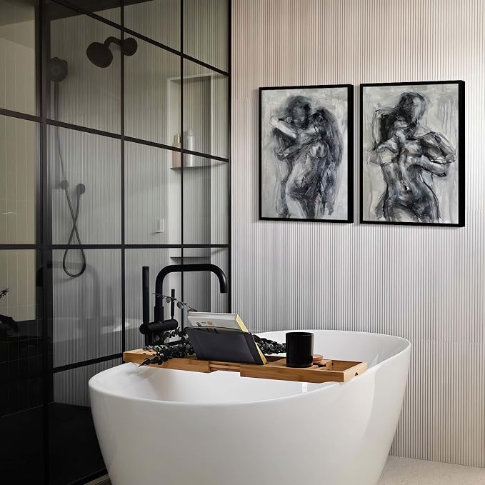 2Pcs Framed Black and White Bathroom Canvas Wall Art Abstract Nude Prints Couple Modern Gallery Style Painting Pen sketch Posters Decorations Bedroom Living Room Bathroom 16x24 Inch Ready to Hang