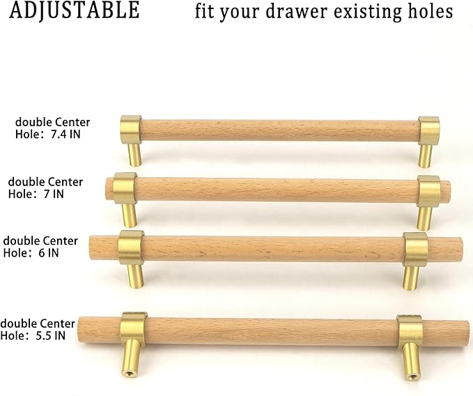Natural Wood and Brass Kitchen Cabinet Handles 5~7.4 Inch Center to Center 4Set Adjustable 6Inch Double Hole Modern Dresser Pulls, 7Inch Unfinished DIY Drawer Knobs