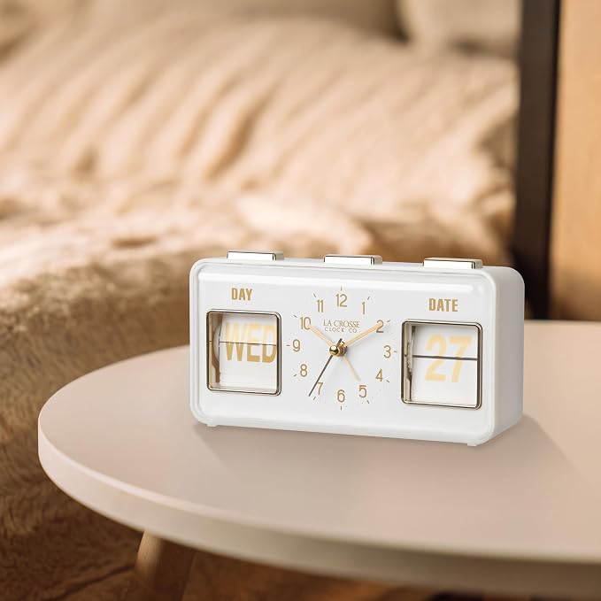 La Crosse Clock 636-379W Daily Flip White Tabletop Alarm Clock with Calendar