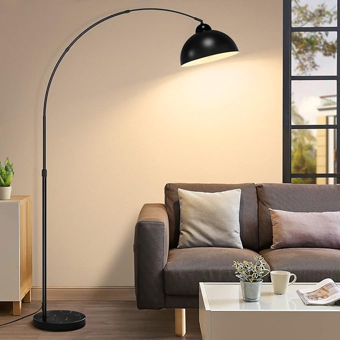Modern Arc Floor Lamp with Metal Hanging Dome Shade, Industrial Adjustable Over the Couch Stand Up Light, Marble Base Farmhouse Tall Task/Reading Standing Lamp for Living Room Bedroom Office, Black