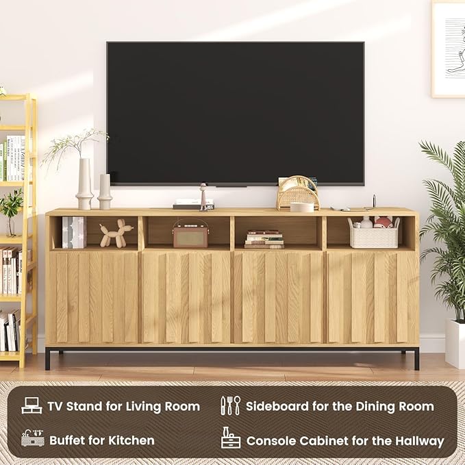 COCO DESIGN 70" Buffet Sideboard Cabinet with Fluted Panel Doors, Large Credenza Console with Power Outlet & Adjustable Shelves, Modern Storage Cabinet for Kitchen & Living Room, Oak