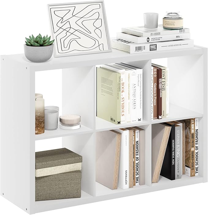 Furinno Cubicle Book Shelf, 6-Cube Bookshelf, Extra Thick Frame Horizontally & Vertically Reversible Bookcase with Open Back, 14.6" x 44" x 30", for Living Room, Bedroom, Home Office, White