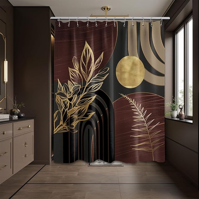 Dark Brown and Black Shower Curtain Boho Mid Century Gold and Brown Shower Curtains for Bathroom Decor, Waterproof Cloth Fabric with Hooks, 70" W x 72" L