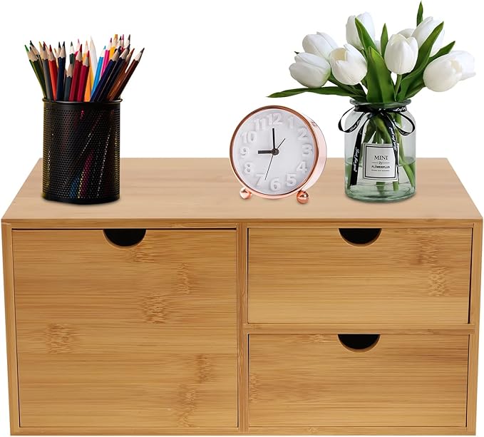 Bamboo Desk Organizer Small Retro Bamboo Tabletop Storage Box with Drawers& Recess Handles for Office Home Supplies Table Storage Collector 13 * 7.5 * 6in (3 Drawers/1 Left&2 Right)