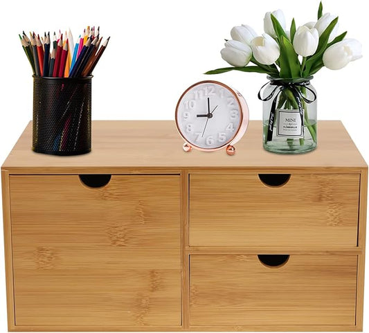 Bamboo Desk Organizer Small Retro Bamboo Tabletop Storage Box with Drawers& Recess Handles for Office Home Supplies Table Storage Collector 13 * 7.5 * 6in (3 Drawers/1 Left&2 Right)