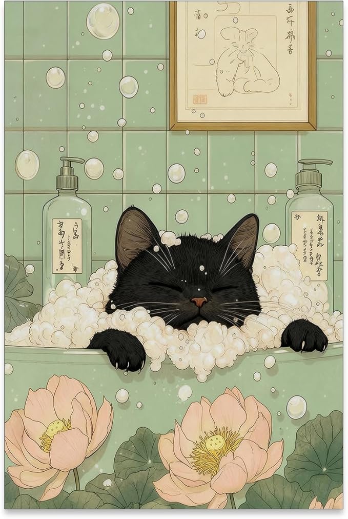 EOLRCIG Black Cat in Bathtub Poster Vintage Japanese Bathroom Wall Art Funny Cute Animal Canvas Prints for Bedroom Restroom Toilet Wall Decor 16X24 inch Unframed
