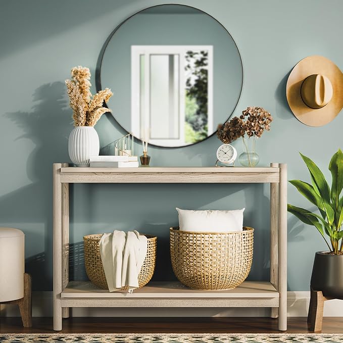 Bme Lyra Console Table, Pure Solid Wood with Oak Finish, Entryway and Hallway Living Room Table, 297 lbs Capacity, Adjustable Levelers, Easy Assembly, Large Open Shelf, Ideal for Any Space, Light Grey