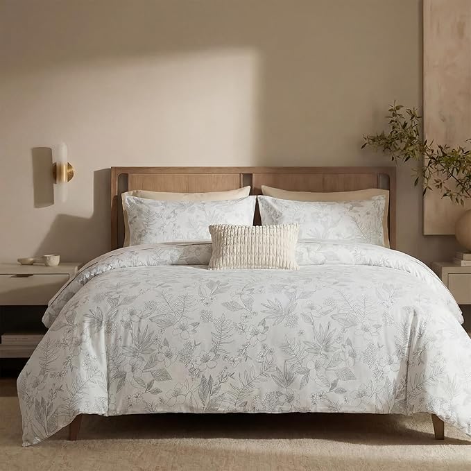 100% Cotton Floral Duvet Cover Set Queen Size Ultra Soft Breathable Grey Floral and Leaf Comforter Cover Set 3 Pcs All Season Cozy Floral Bed Cover with Zipper Closure