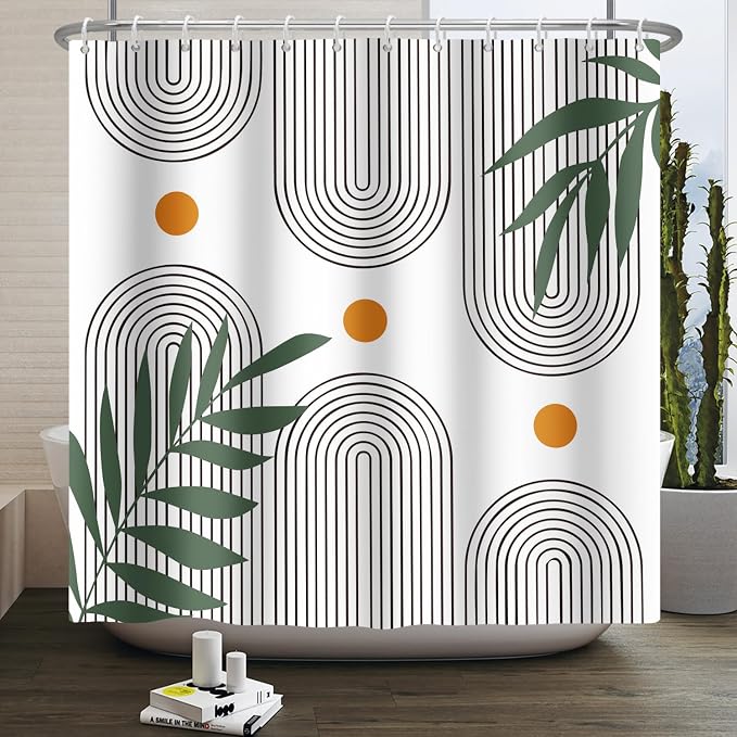 Boho Mid Century Shower Curtain Bohemian Minimalist Geometric Arch Sun Bathroom Curtain Sage Green Plant Polyester Shower Curtain Sets for Bathroom Extra Long 72x72 in with 12 Hooks