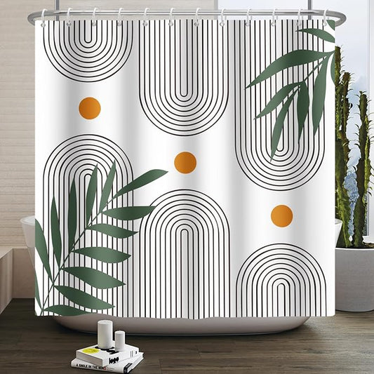 Boho Mid Century Shower Curtain Bohemian Minimalist Geometric Arch Sun Bathroom Curtain Sage Green Plant Polyester Shower Curtain Sets for Bathroom Extra Long 72x96 in with 12 Hooks