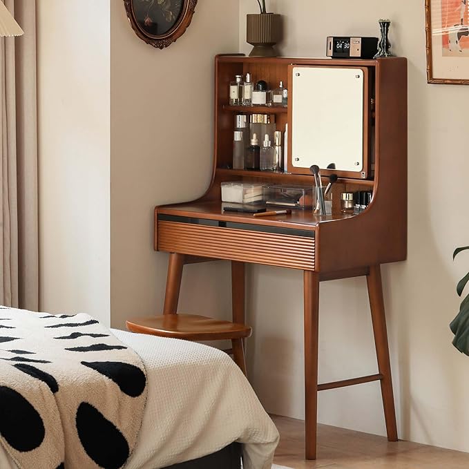 YESWOOD Small Vanity Desk with Mirror, Solid Wood Dressing Table, Movable Drawer Divider, 180° Swivel Make-up Mirror Dressing Desk for Bedroom, Teak Color, 33" D x 16.5" W x 50" H