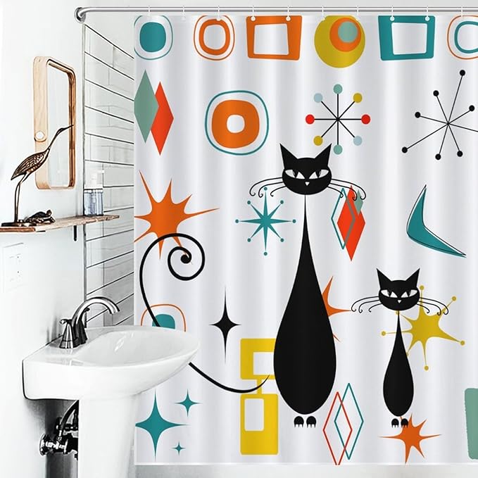 Mid Century Shower Curtain for Bathroom, Rustic Modern Abstract Geometric Black Cat Atomic Teal Orange Kittey Vintage 1950s 1960s Waterproof Fabric Shower Curtain Set with Hooks, 72"x84"