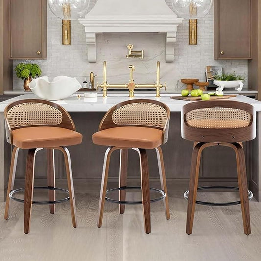 26" Swivel Rattan Bar Stools Set of 3,Mid-Century Modern Orange Leather Upholstered Counter Height Stools,Kitchen Island Barstools with Rattan Low Backrest,Walnut Wood Finish Bar Chair