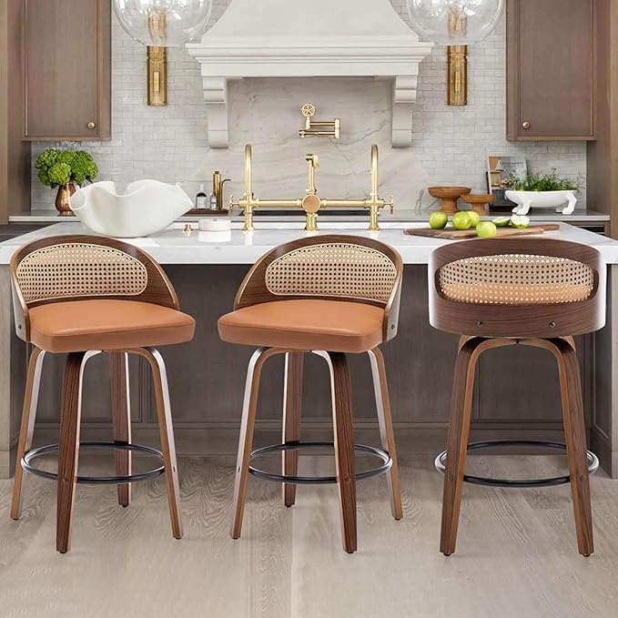 26" Swivel Rattan Bar Stools,Mid-Century Modern Orange Leather Upholstered Counter Height Stools,Kitchen Island Barstools with Rattan Low Backrest,Walnut Wood Finish Bar Chair,1PCS