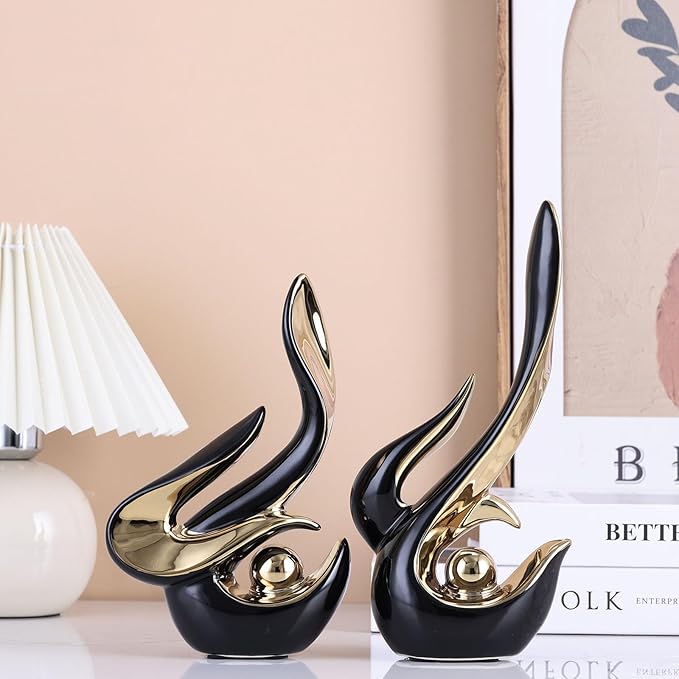 XMGZQ Mid Century Modern Abstract Art Home Decor Accent,Porcelain Statues for Living Room Coffee Table Centerpieces for Dining Room,Ceramic Sculptures and Gold Knick Knacks for TV Stand Decor (Black)