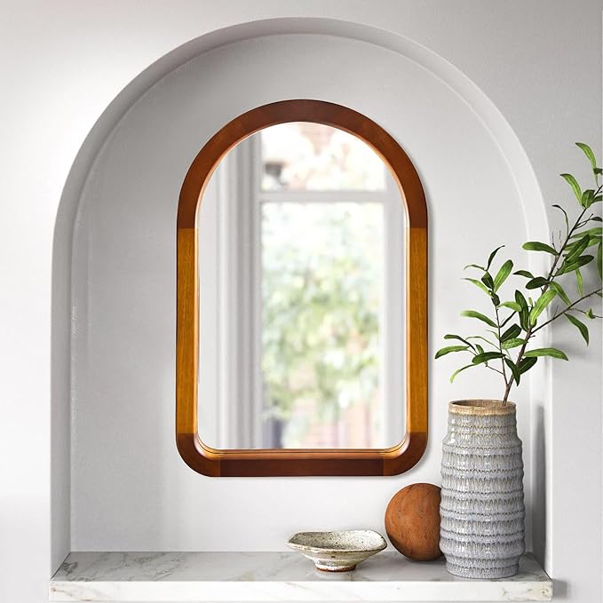 Arched Mirror 22 x 30 Inch,Brown Wood Rustic Bathroom Tempered Wall Mirror with Wood Frame,Round Corner Arch Farmhouse Wooden Vanity Mirror for Living Room,Entryway or Bedroom（Walnut Brown）