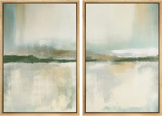 IDEA4WALL Framed Canvas Print Wall Art Set Serene Lake Landscape Abstract Illustrations Modern Art Decorative Coastal Cottage Seascape for Bedroom - 16"x24"x2 Natural