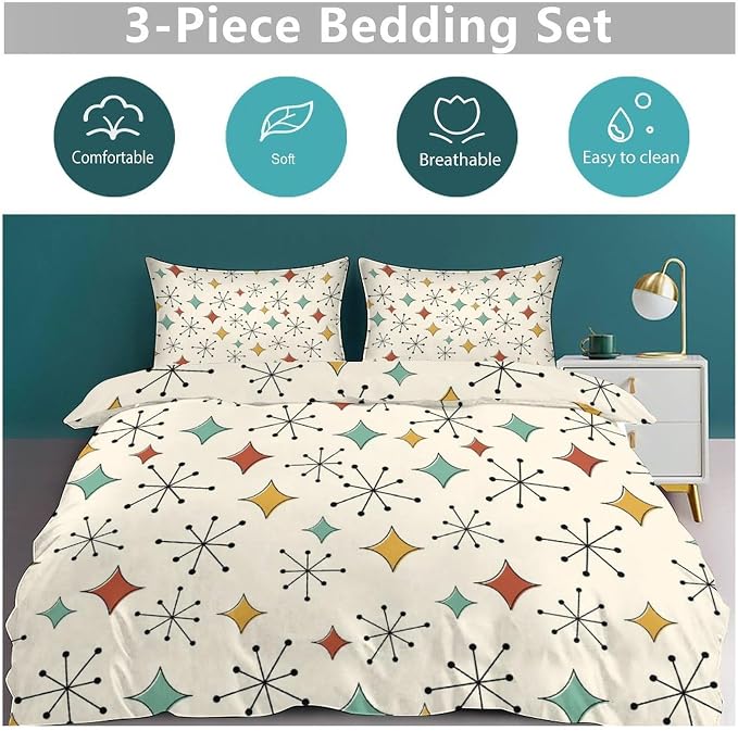Modern Geometric Bedding Set,1950s 1960s Mid Century Vintage Abstract Atomic Stars Geometric Diamond Pattern Comforter Set with Pillowcase for Bedroom Bed Decor,King 102"x90"