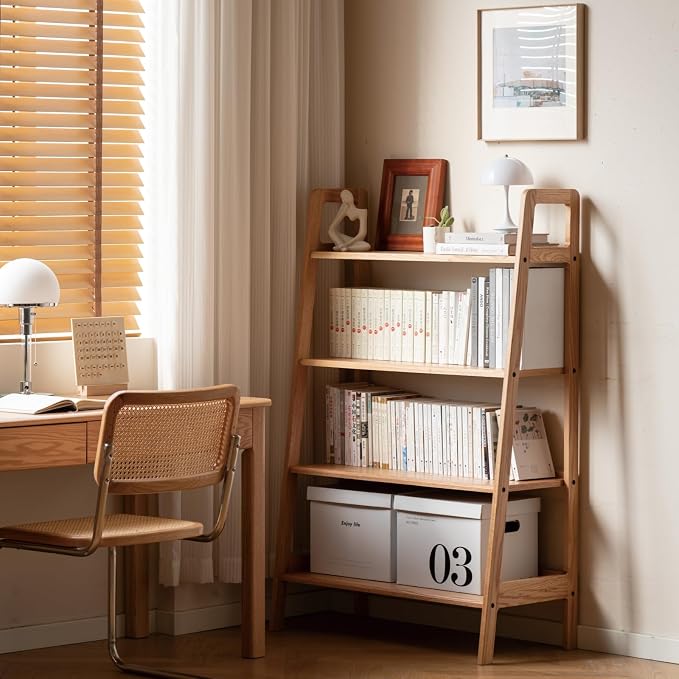 100% Solid Oak 4 Tier Ladder Shelf, Small Bookshelf, Ladder Bookshelf, Bookcase with Stable Frame, Small Table for Living Room Bedroom (Natural, 35.04" D x 16.53" W x 53.54" H)