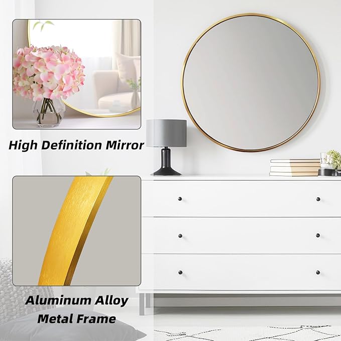 Round Gold Mirror, 24 Inch Circle Gold Mirror, Metal Frame Round Wall Mounted Mirrors for Bathroom, Living Room, Bedroom, Entryway, Vanity, Golden, Brass