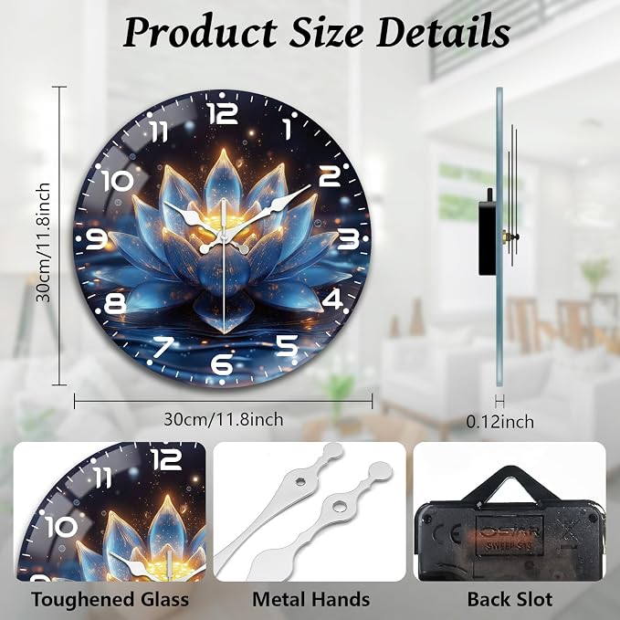 peacoblue Wall Clocks Battery Operated 12 Inch Lotus Glass Round Wall Clock Non Ticking for Kitchen Living Room Dining Room Bedroom and Bathroom Decor Accessories (Battery not Included)