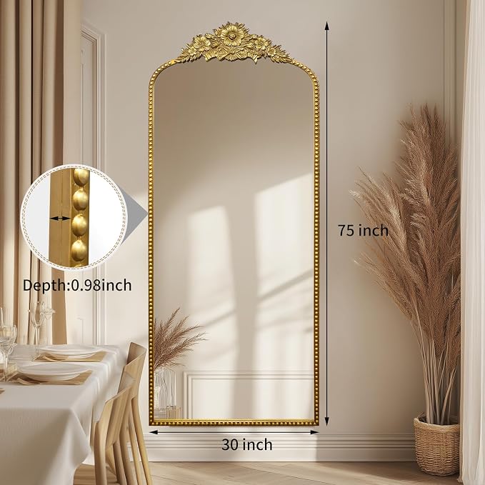 Full Length Mirror, 75x30 Baroque Style Vintage Mirror, Antique Metal Frame Wall Mirror, Traditional Art Home Decor for Living Room, Bedroom, Entryway,Retro Gold