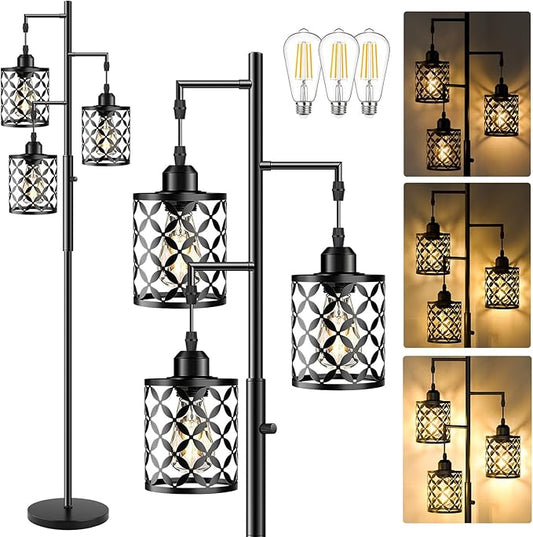 Dimmable Floor Lamp, Farmhouse Standing Lamp with Elegant Metal Cage, Industrial Tall Tree Floor Lamps for Living Room, Bedroom, Study Room, Office, 3 x 800LM LED Bulbs Included, 72", Black