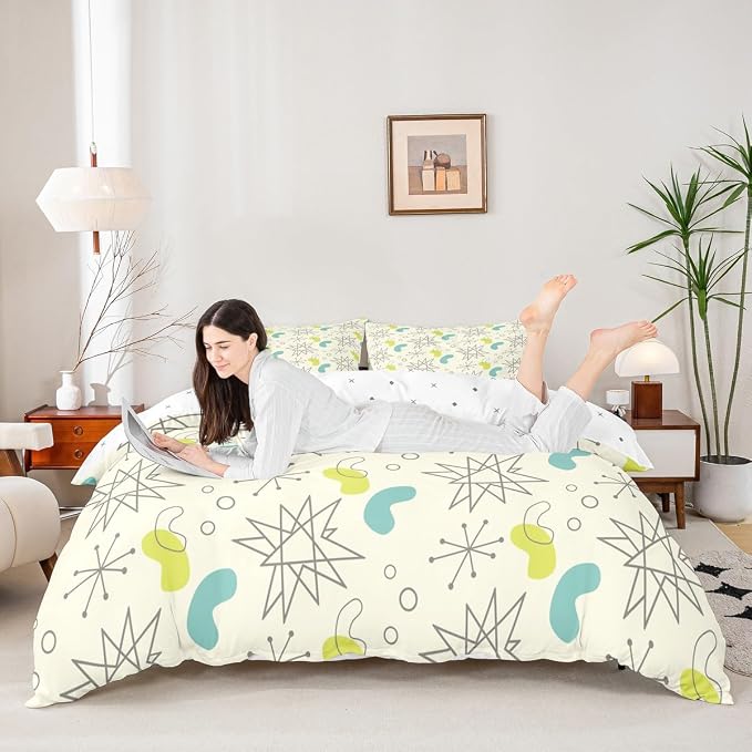 Erosebridal Hippie Minimalism Bedding Sets King Fifties Old Fashion Comforter Cover, Abstract Atomic Art Bed Set Beige Teal Aesthetic Duvet Cover, Modern Mid Century Quilt Cover with 2 Pillowcase