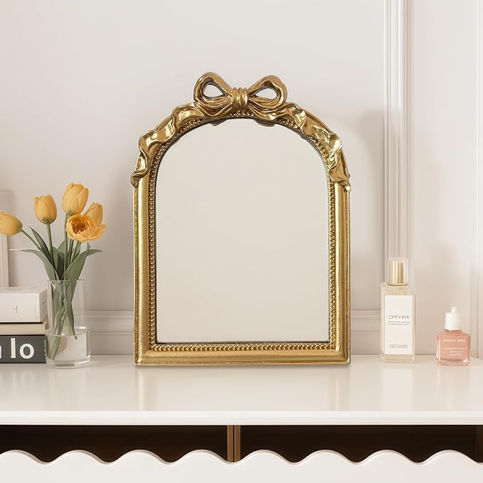 Vintage Vanity Desk Mirror - 13x10 Inch Wall-Mounted & Tabletop Decorative Ornate Gold Accent Retro Makeup Mirror for Bedroom Dresser Bathroom Living Room Dorm(Gold, 13" L x 10" W Bow)