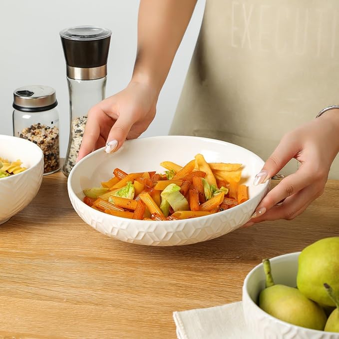 Sureasy Pasta Bowls Set of 4-30oz Large Ceramic Embossed Bowl Plates, 8.5 Inch Wide and Shallow Plate Bowls, Salad Bowl, Microwave, Oven & Dishwasher Safe, White