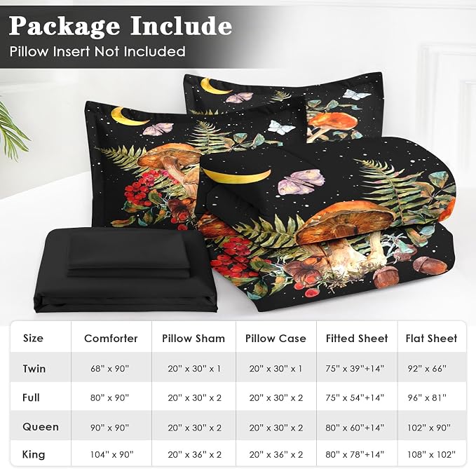 WeCozy 5 Pcs Twin Size Comforter Set with Pillowcase & Sham, Vintage Mushroom Moon Bedding for Kids and Adults, Butterfly Leaves Fern Bed in a Bag with Flat Fitted Sheet