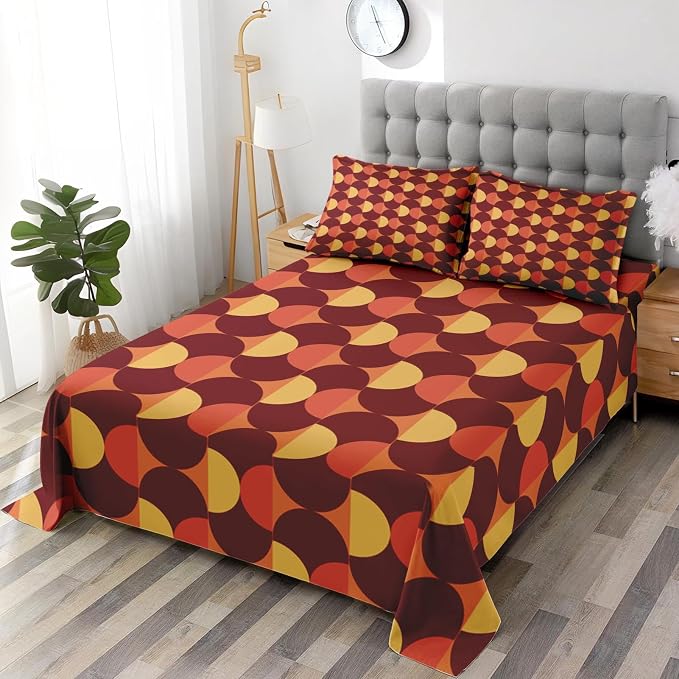 Pamnest Twin Size Bed Sheet Sets, 70S Vintage Mid Century Soft Microfiber 3 Pcs Bedding Sets for Kids and Adults Bedroom Bed Decor, Geometric Flower Retro Flat, Fitted Sheet and Pillowcases