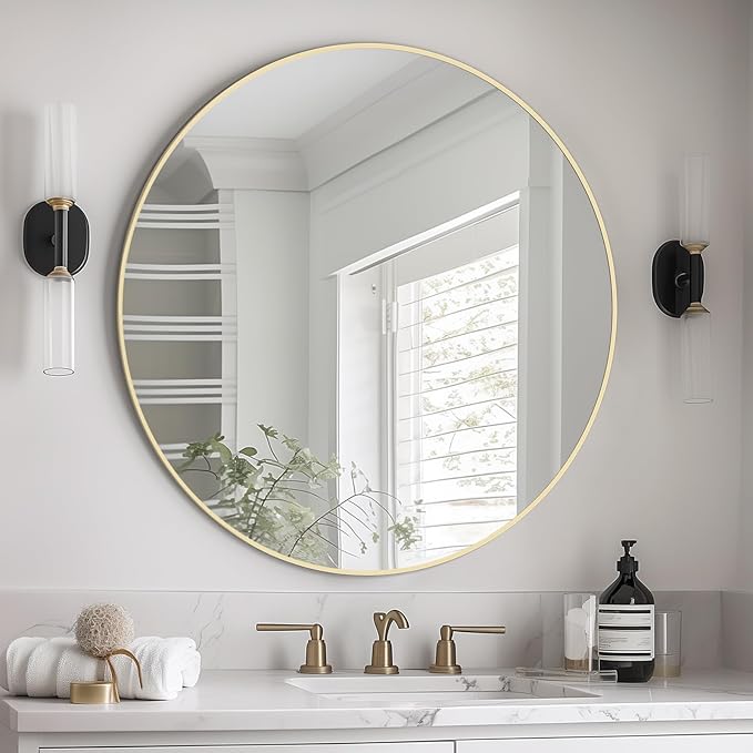 HOMECOOKIN Round Wall Mirror 32" Gold Circle Mirror for Bathroom with Metal Framed, Round Gold Mirror for Wall Decor, Vanity, Entryway Living Room