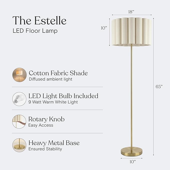 Brightech Estelle LED Floor lamp - 65” Tall Standing Floor Lamp - Modern Scalloped Cotton Shade for Boho, Mid-Century, Contemporary Decor - Warm Light for Living Room, Bedroom Office - Gold Brass