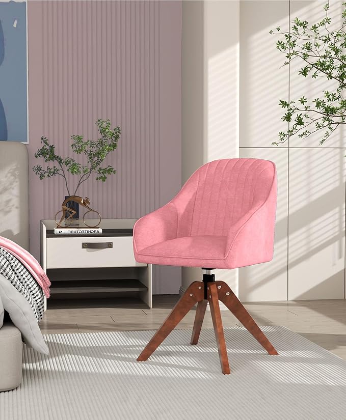 OS MOTOR Modern Swivel Accent Chair with Arms, Upholstered Desk Chair No Wheels, Mid-Century Fabric Armchair with Oak Wood Legs for Home Office, Bedroom, Vanity, Pink
