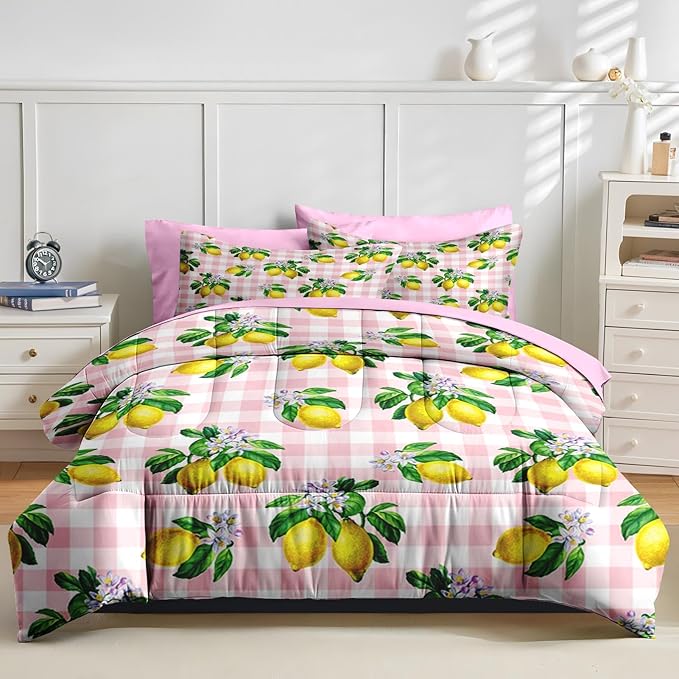 Nesker 7 Pcs Comforter Set Full Size, Stripe Lemons Fruit Bedding Set for Kids and Adults, Summer Palm Pink White Plaid Bed Sheet Sets with Fitted Sheet 2 Pillowcases & 2 Shams