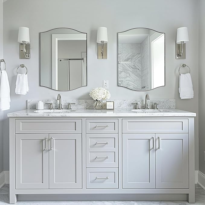 ANDY STAR Scalloped Bathroom Mirror，24"x32" Polished Chrome Rectangle Wall Mirror with Curved Edge Stainless Steel Metal Frame, Silver Vanity Wall-Mounted Mirror for Bathroom, Entryway