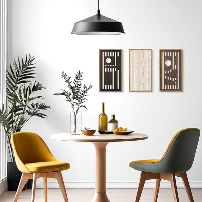 HPNIUB 3 PCS Boho Wall Decor,Black White Century Abstract Mask Geometric Line Carved Hanging Wood Sign for Living Room,8x16Inch Modern Neutral Wooden Plaque for Apartment Bedroom Office Decoration