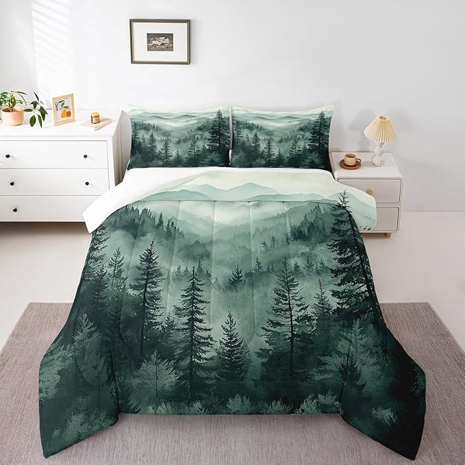 Erosebridal Green Misty Forest Toddler Comforter Set Jungle Smoky Mountain Bedding Set Pine Tree Fog Magic Comforter for Kids Boys Girls Rustic Nature Woodland Quilt Duvet