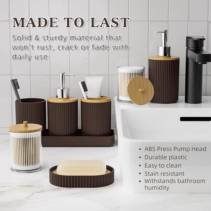 Brown and Wooden Bathroom Accessories Set, 25PC Bathroom Accessory Sets, Bathroom Sets with Push Top Trash Can, Shower Curtain and Rugs, Toilet Brush, Trash Can & Soap Dispenser