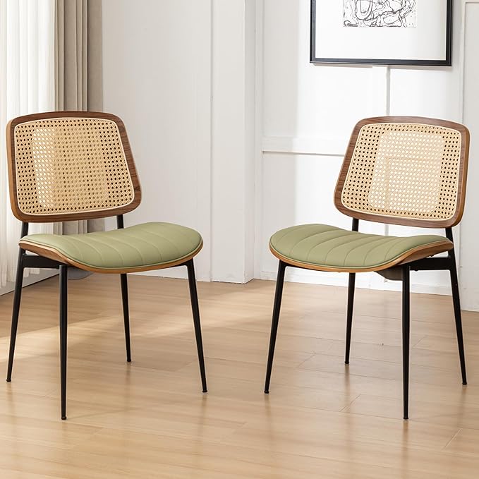Rattan Dining Chairs Set of 4,Mid Century Green PU Leather Kitchen Chairs,Upholstered Seat Metal Legs Chairs with Adjustable Foot Pads,Walnut Armless Side Chairs