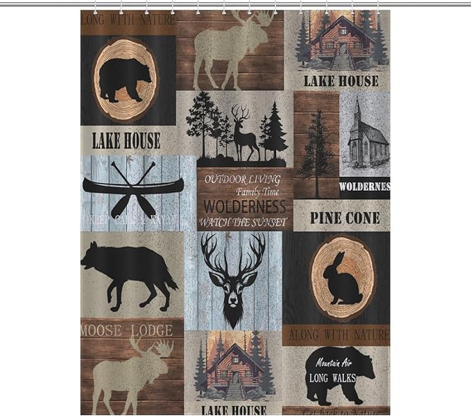 Rustic Cabin Shower Curtain Bear Deer Forest Wildlife Country Lodge Hunting Camping Animal Farmhouse Vintage Waterproof Shower Curtains for Bathroom Decor 12 Pack Hooks 55x72in（140x183cm）