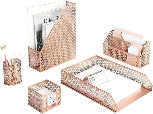BLU MONACO | Rose Gold Desk Organizer Set | 6 Piece Metal Office Desk Organizer with Mail Sorter, Pen Cup, Sticky Note Holder, Magazine File, Card Holder, Paper Tray | Desk Organizers and Accessories