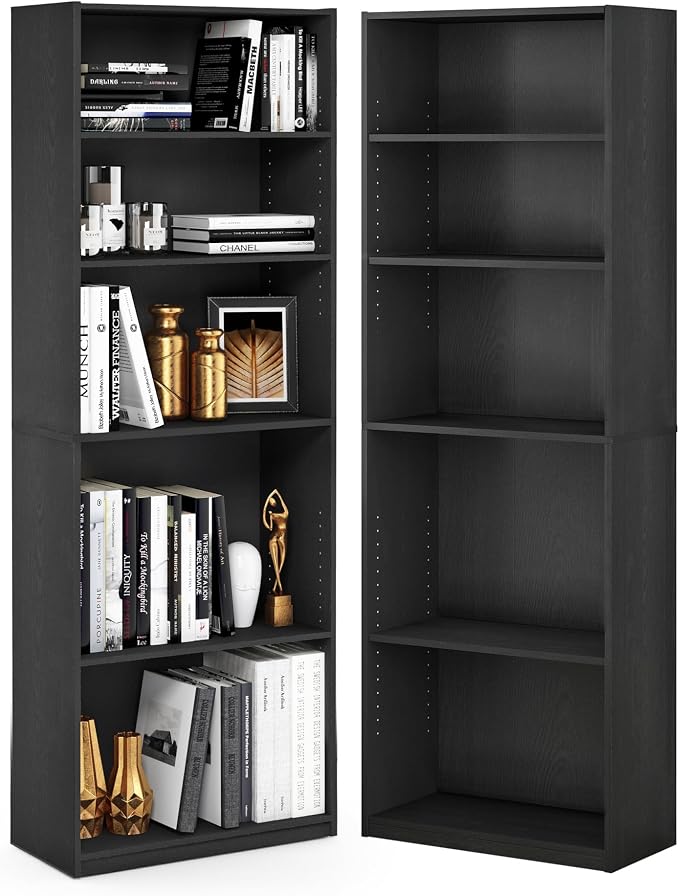 Furinno Jaya Book Shelf Set of 2, 5-Tier Bookshelf, Bookcase, with Adjustable Shelf, 9.5 x 24.5 x 71, for Home Office, Living Room, Black