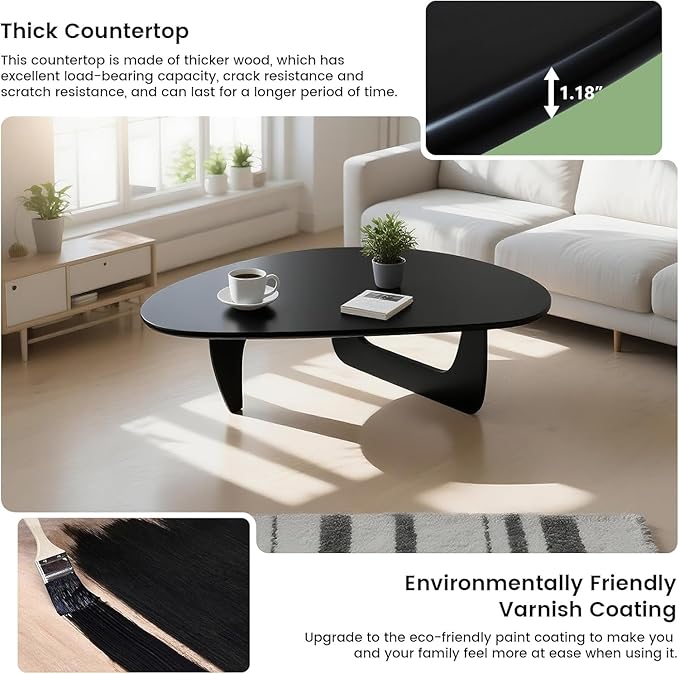 Solid Wooden Modern Triangle Coffee Table: Unique Funky Coffee Tables for Living Room, Oval Mid-Century Irregular Abstract Tea Tables for Patio Office Balcony Bedroom (Black, 33" L x 22" W x 16" H)