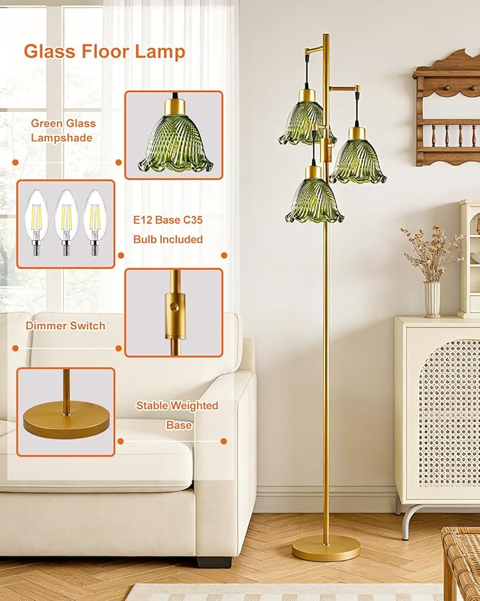 3-Light Modern Glass Floor Lamp, Gold Standing Tall Lamp with Green Glass Shade for Reading, Dimmable LED Floor Lamp with 5Lbs Heavy Base for Living Room Bedroom Home Decor, Bulb Included