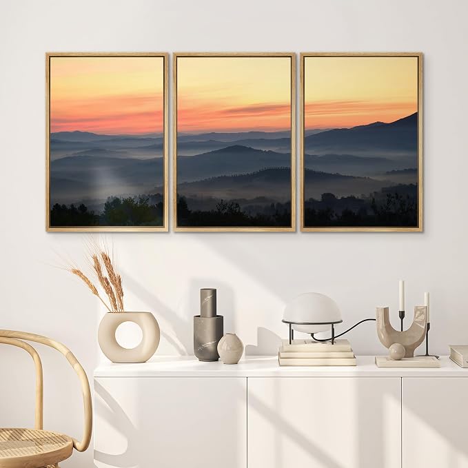 SIGNWIN 3 Piece Framed Canvas Wall Art Orange Sunset Canvas Prints Home Artwork Decoration for Living Room,Bedroom - 24"x36"x3 Natural