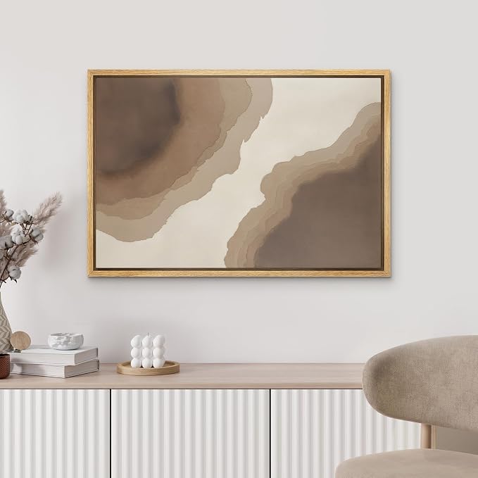 MUDECOR Framed Canvas Print Wall Art Neutral Earth Tone Abstract Flow Illustrations Minimalism Decorative Bohemian Zen for Living Room, Bedroom, Office - 16"x24" NATURAL